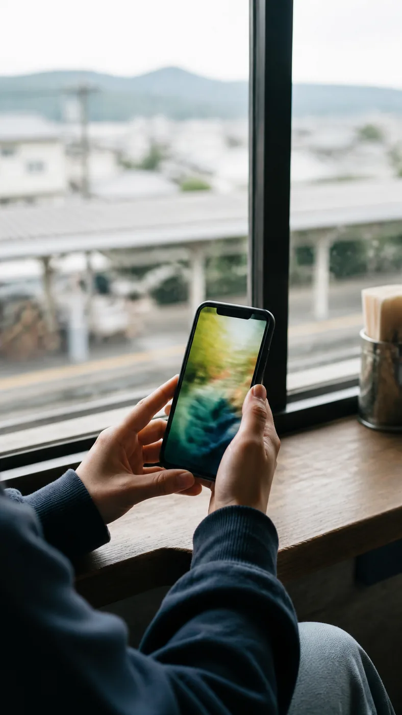 街を望む窓辺で縦向きのスマートフォンを見る手元